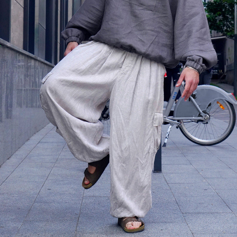 Men's Wide Linen Cargo Pants with Elastic Waistband, Pleats and Patch Side Pocket Mune Fashion