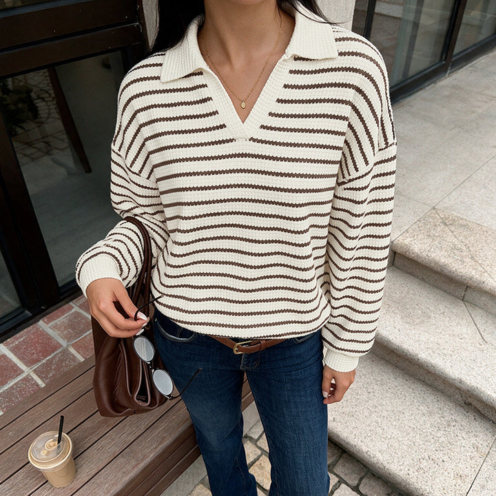 Women's Stylish V-Neck Sweater with Stripes Mune Fashion
