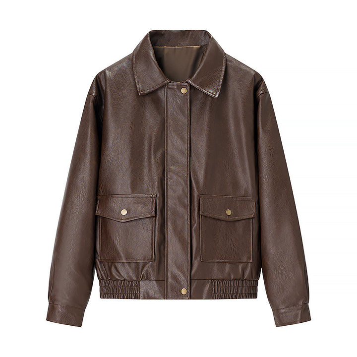 Women's casual faux leather bomber jacket with shirt collar, patch pockets, and elastic hem Mune Fashion