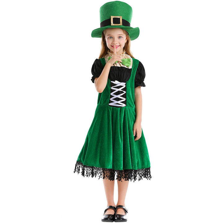 Girl Leprechaun Costume with Green Hat and Fringe Mune Fashion