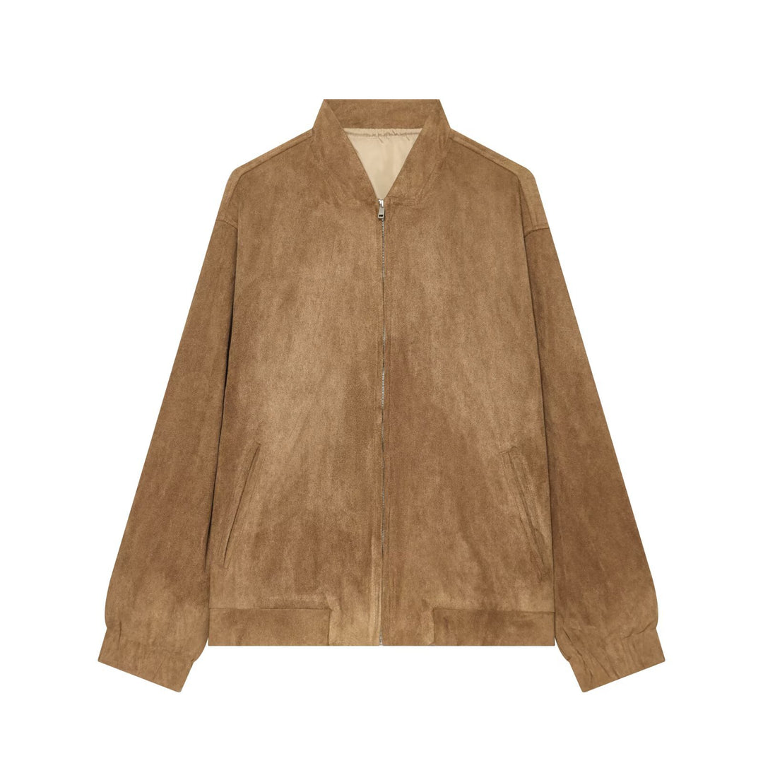 Women's Casual Oversize Bomber Jacket made of Suede-Like Material with Stand-Up Collar and Patch Pockets Mune Fashion