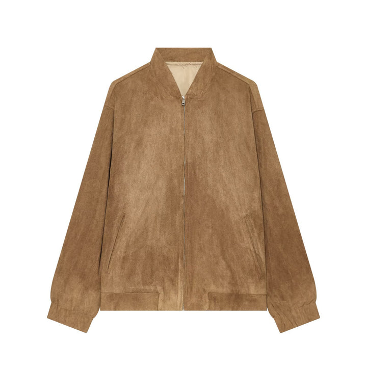 Women's Casual Oversize Bomber Jacket made of Suede-Like Material with Stand-Up Collar and Patch Pockets Mune Fashion