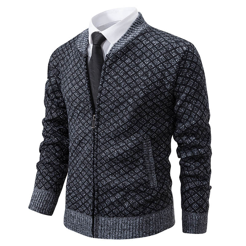 Men Tailored Jacquard Zip Cardigan with Diamond Structure and Pockets Mune Fashion
