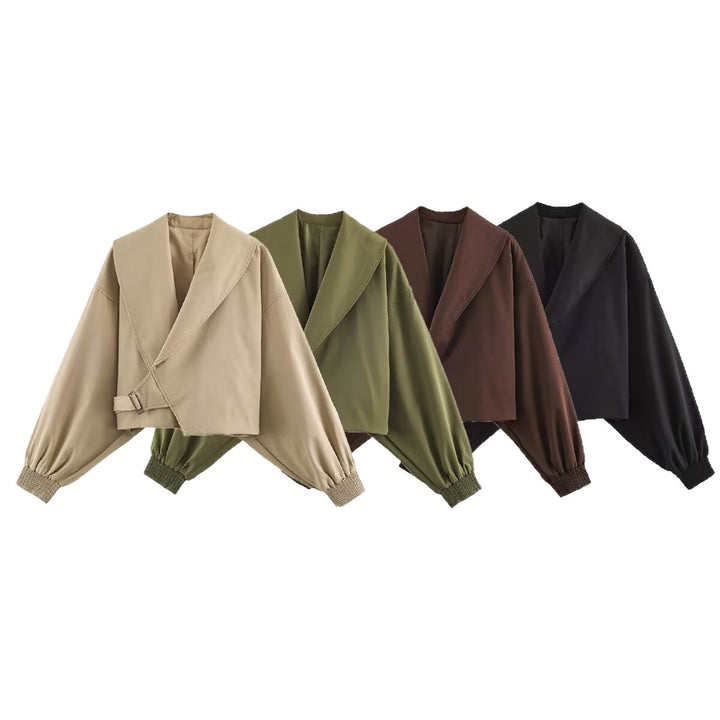 Women Short Cut Wrap Jacket with Large Shawl Collar, Waist Tie and Balloon Sleeves Mune Fashion