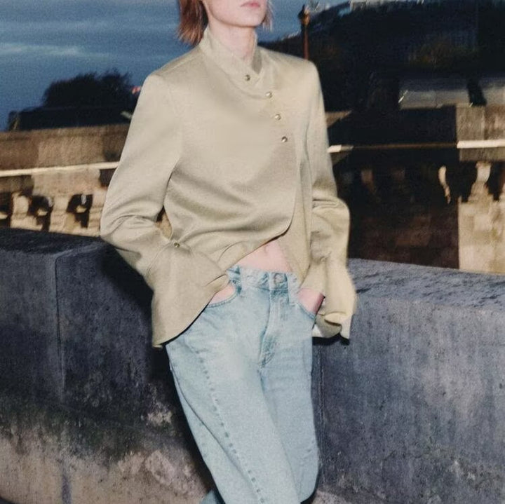 Women Asymmetrical Satin Blouse Jacket with Mandarin Collar and Bell Sleeves Mune Fashion