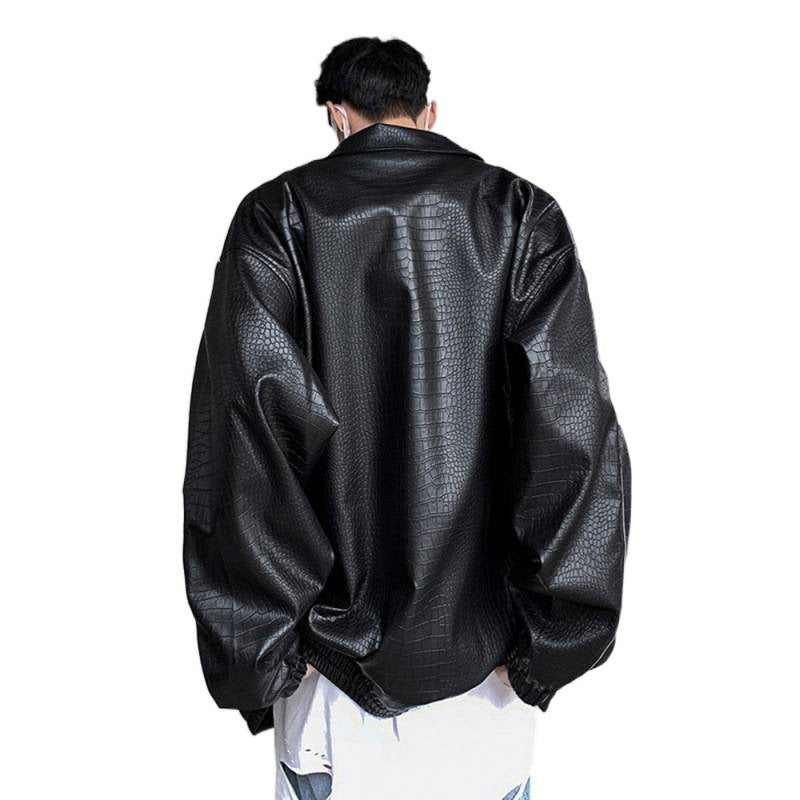 Men's Oversized Faux Leather Jacket with Crocodile Embossing and Contrast Piping Mune Fashion