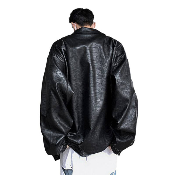 Men's Oversized Faux Leather Jacket with Crocodile Embossing and Contrast Piping Mune Fashion
