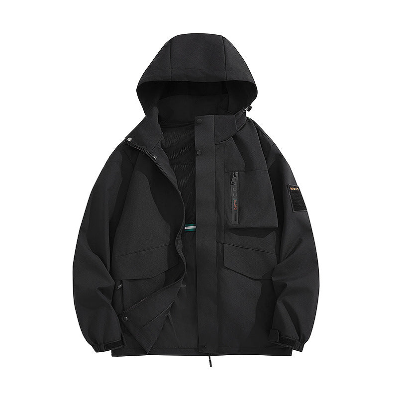 Men's multifunctional utility outdoor jacket with hood, concealed pocket flaps and wind-resistant coating Mune Fashion