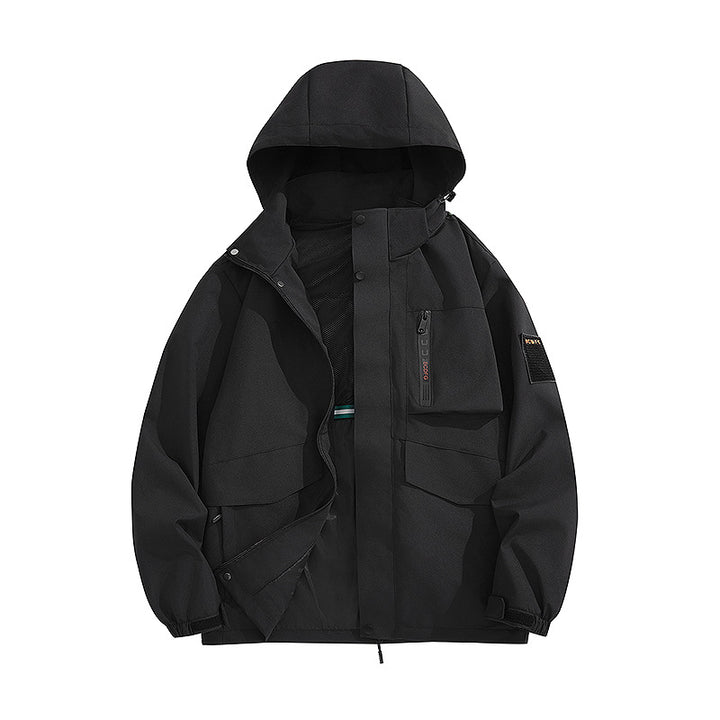 Men's multifunctional utility outdoor jacket with hood, concealed pocket flaps and wind-resistant coating Mune Fashion