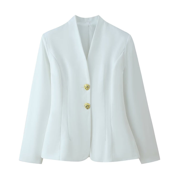 Women Tailored Blazer with V‑Neck, Seamless Silhouette and Decorative Buttons Mune Fashion