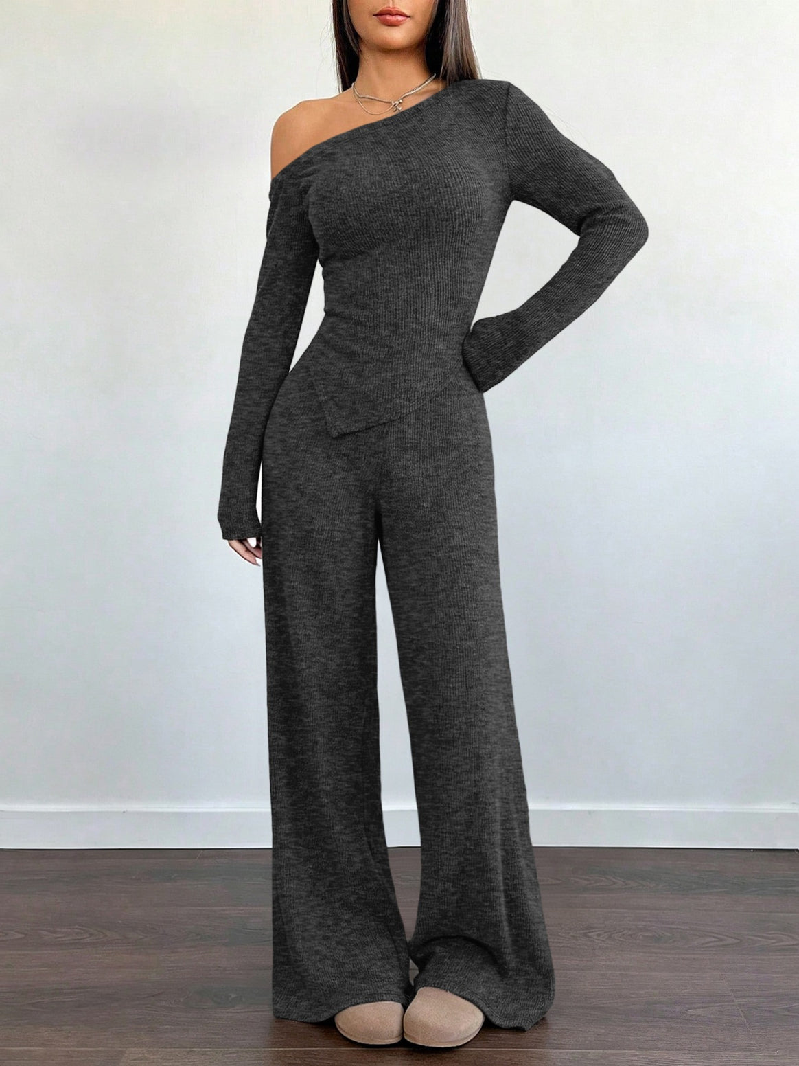 Women's Asymmetrical Knit Lounge Set with One-Shoulder Top and Wide Leg Mune Fashion