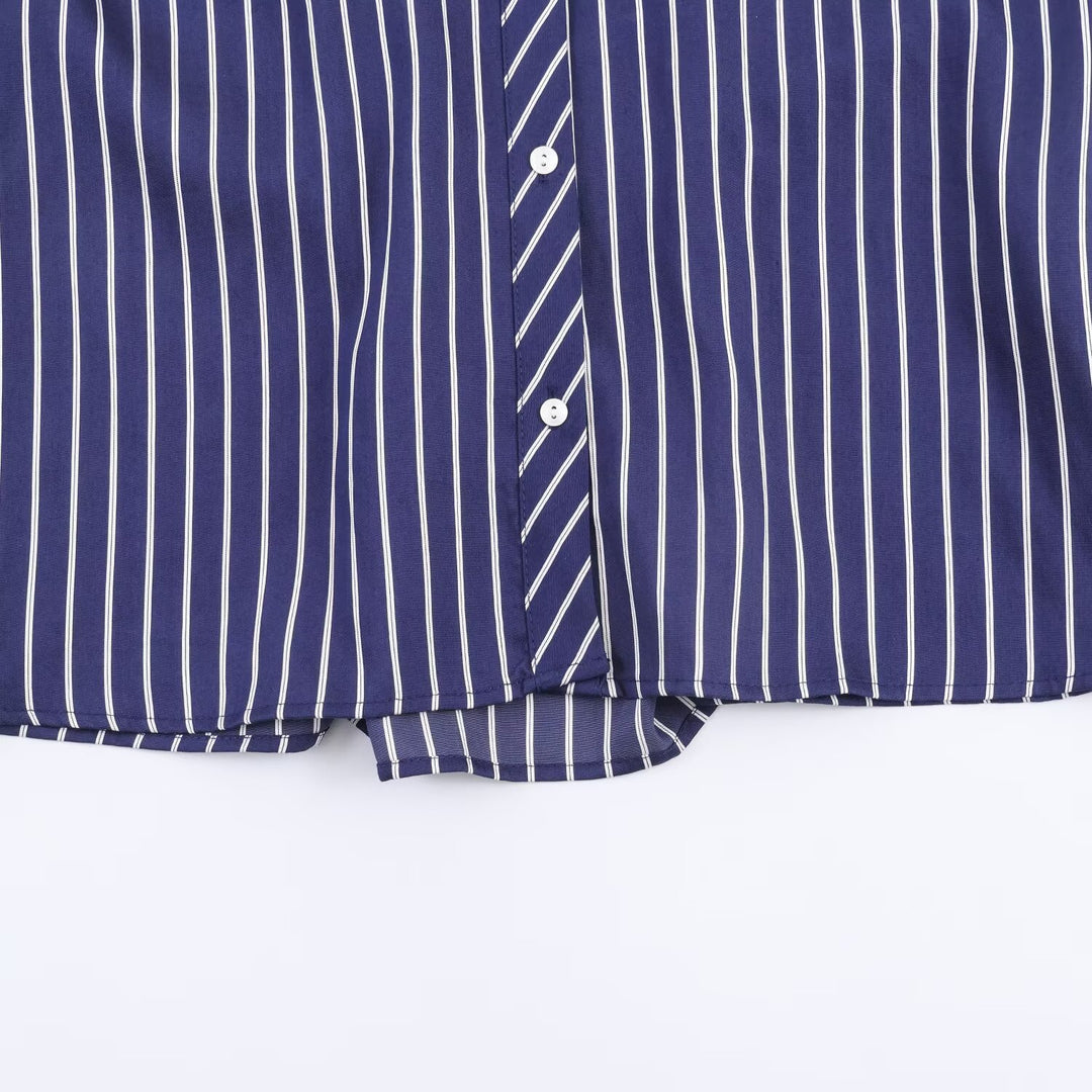 Women Oversized Shirt Blouse with Vertical Stripes, Balloon Sleeves and Wide Cuffs Mune Fashion