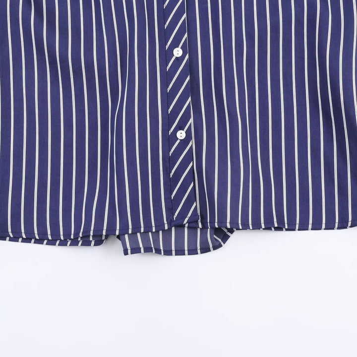 Women Oversized Shirt Blouse with Vertical Stripes, Balloon Sleeves and Wide Cuffs Mune Fashion