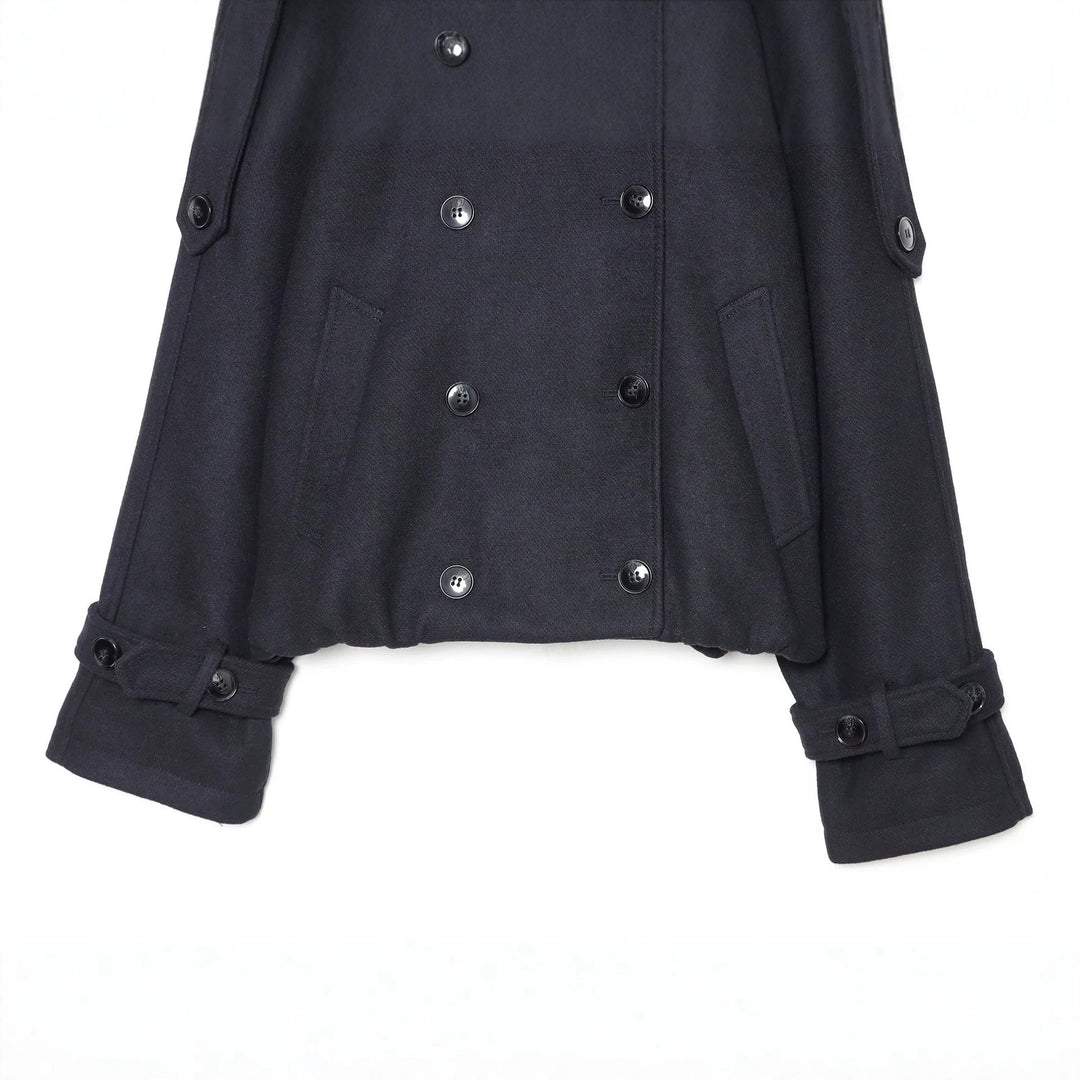 Women's Short Double-Breasted Cape Coat with High Stand Collar and Epaulettes Mune Fashion