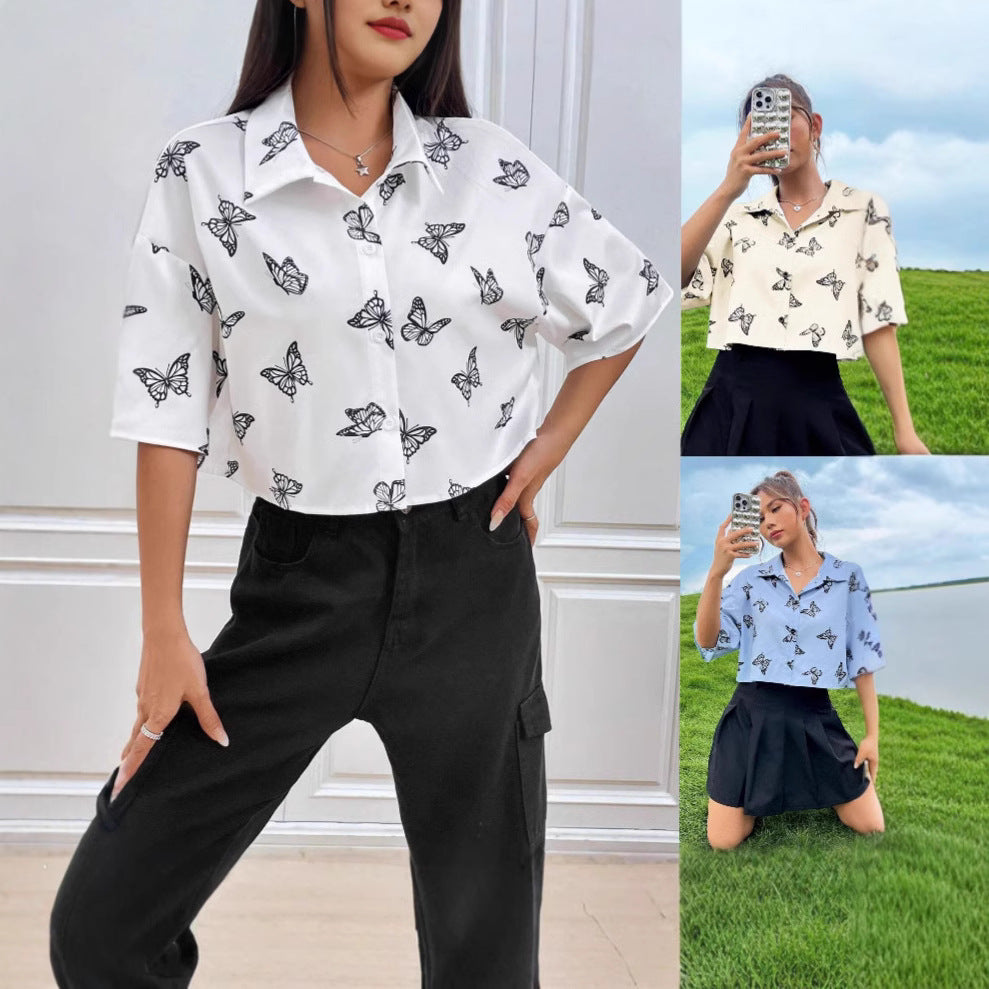 Women's Short Cropped Boxy Shirt Blouse with Butterfly Print Drune