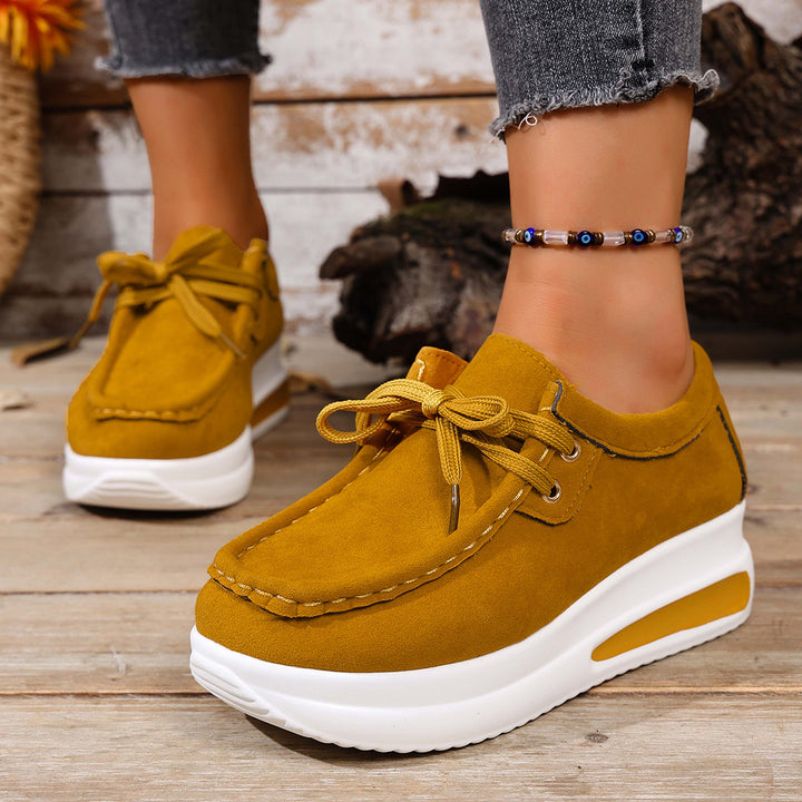 Ladies Velour Moccasin Plateau Sneaker with hidden wedge and padded comfort footbed Mune Fashion