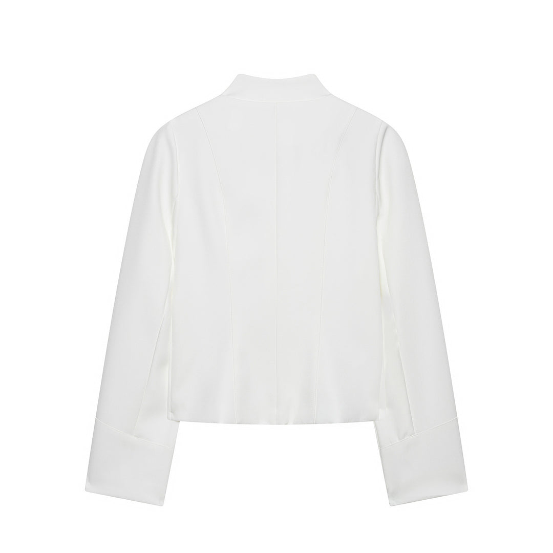 Women Short Blouse Jacket with Pleated Ruffle Yoke and Stand-up Collar Mune Fashion