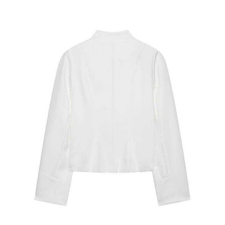 Women Short Blouse Jacket with Pleated Ruffle Yoke and Stand-up Collar Mune Fashion