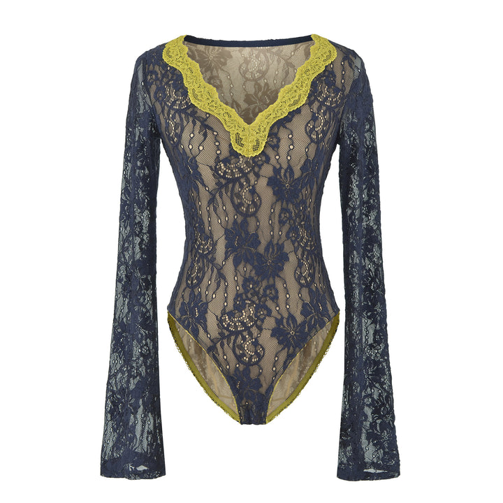 Women's lace bodysuit with long sleeves, deep V-neck and fine tulle lace.