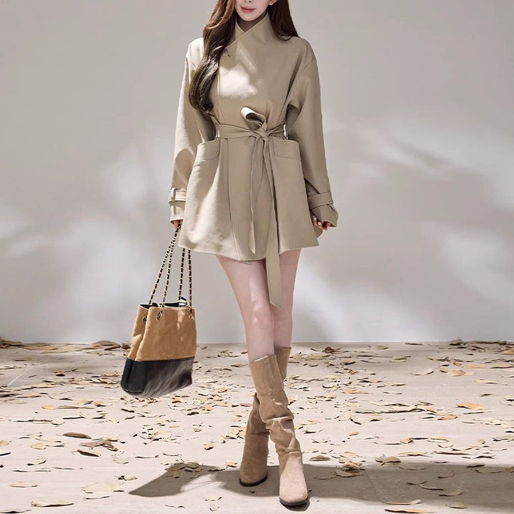 Women Short Wrap Coat Dress with Waist Belt and Casual A-Line Mune Fashion