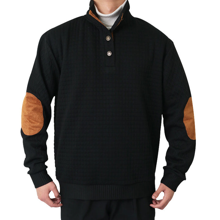 Men's waffle knit half-zip sweater with stand-up collar, leather accents, and elbow patches Mune Fashion