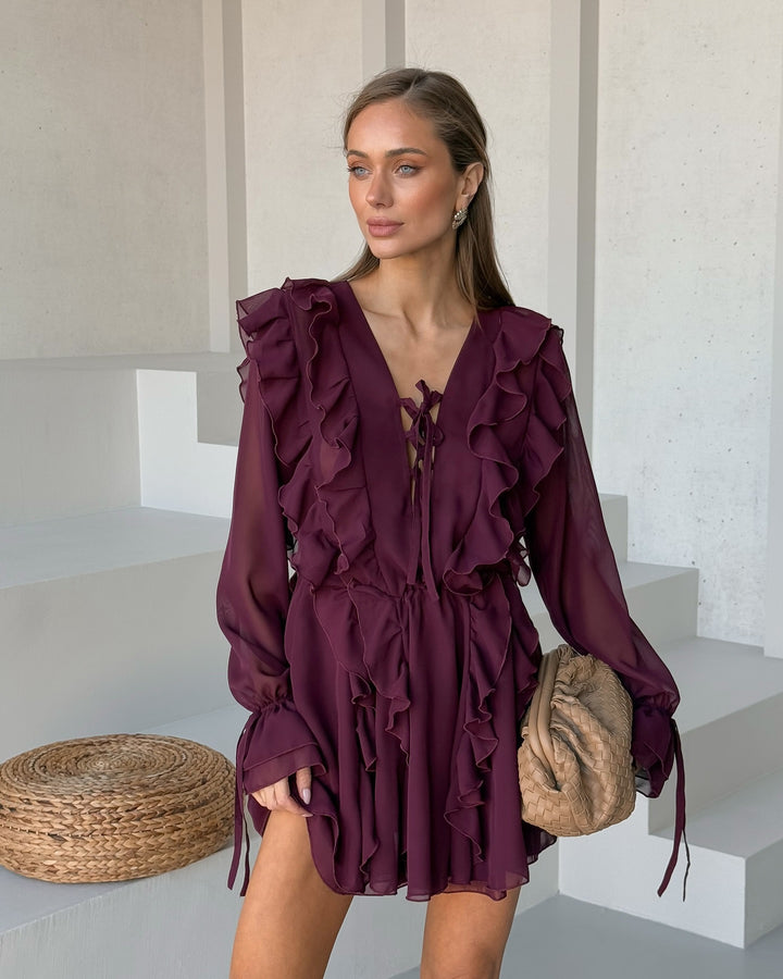 Ladies Romantic Chiffon Mini Dress with Ruffles and Lacing Detail Mune Fashion