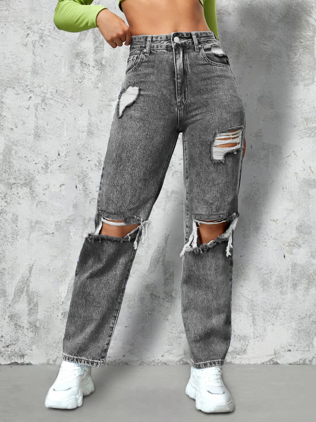 Ladies High-Waist Ripped Straight-Leg Jeans with Knee Cutouts and Used Wash Mune Fashion