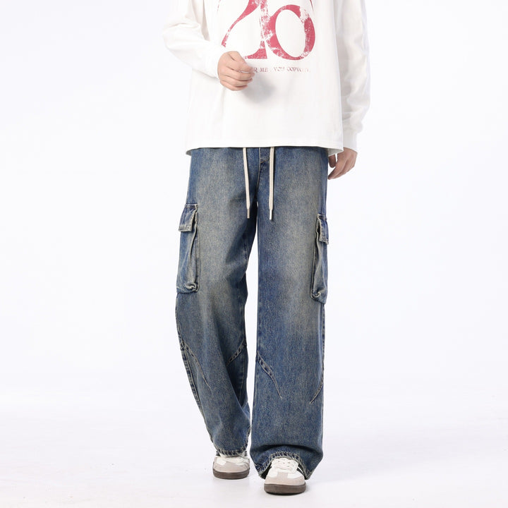 Men's Loose Cargo Denim Pants with Drawstring, Used Wash and Oversized Fit Mune Fashion