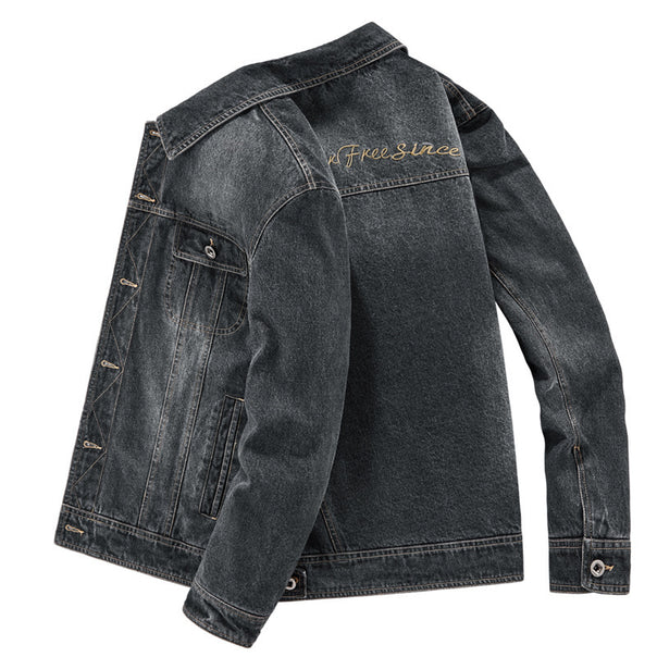 Men's washed denim work jacket with printed lining and chest flap pockets Mune Fashion