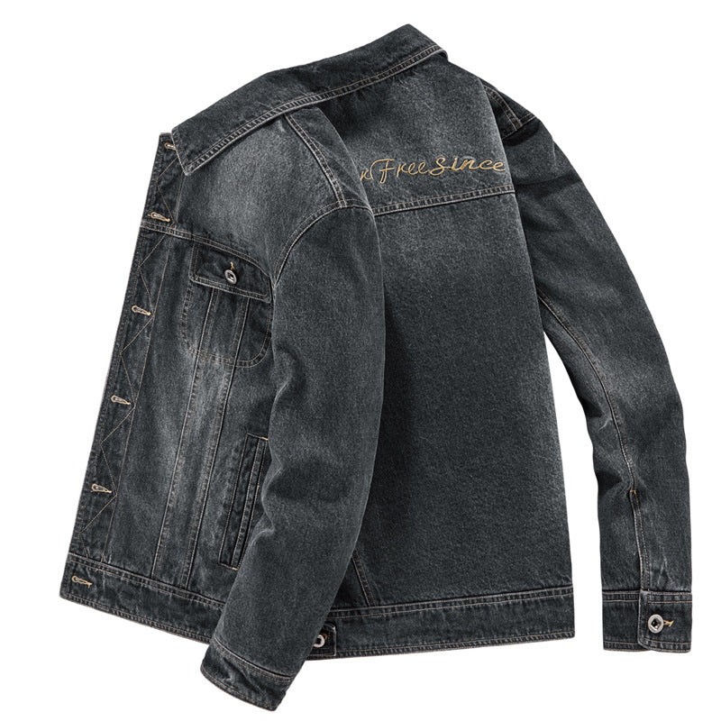 Men's washed denim work jacket with printed lining and chest flap pockets Mune Fashion