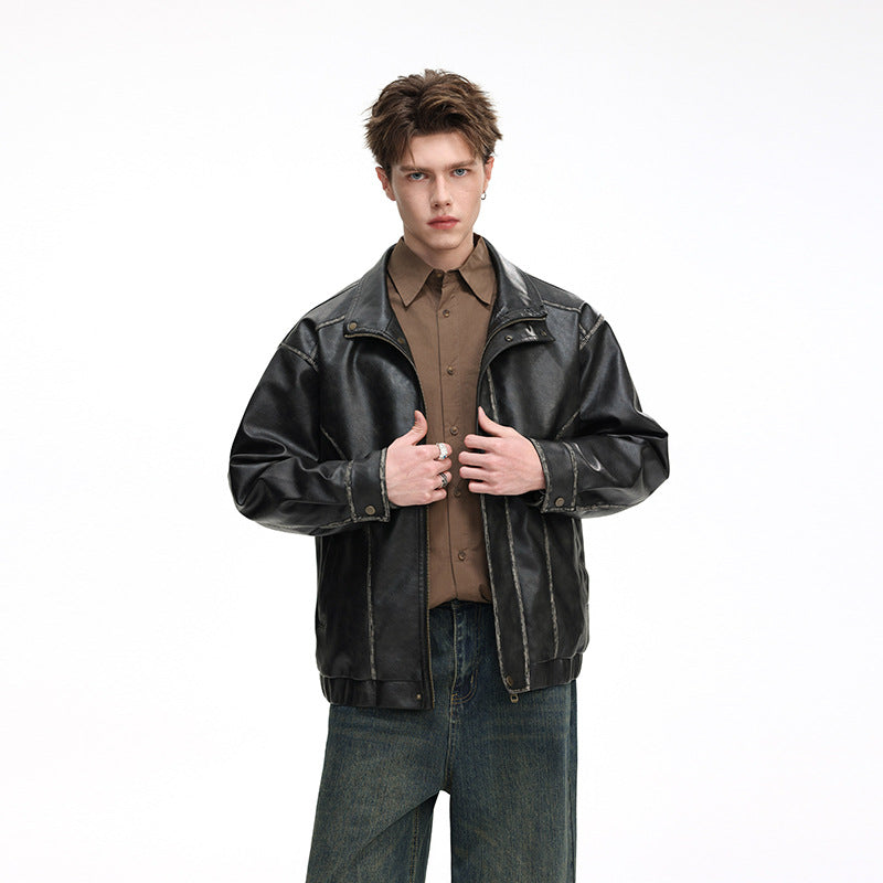 Herren Lederjacke im Vintage-Bomberstil mit Stehkragen Mune Fashion