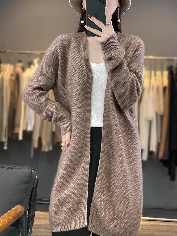 Women’s Long Open Knit Cardigan with Seed Pattern and Ribbed Edges Mune Fashion