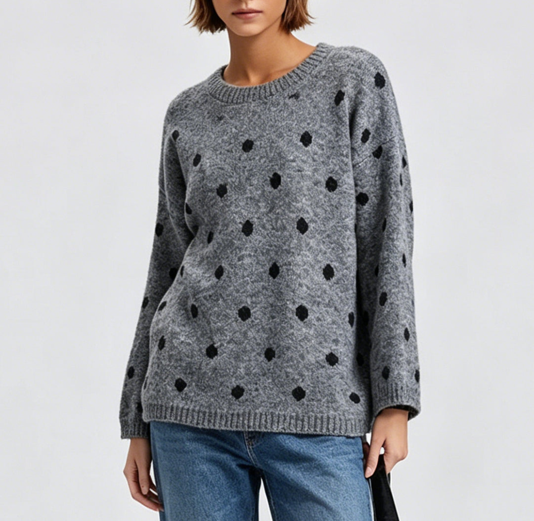 Women's Oversized Knit Sweater with Subtle Dot Pattern and Round Neckline Mune Fashion