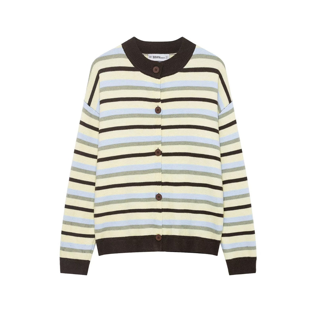 Women's Short Striped Cardigan with Round Neckline and Button Placket Mune Fashion