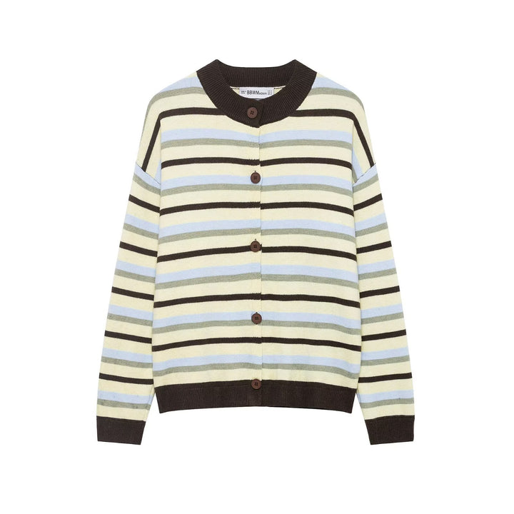 Women's Short Striped Cardigan with Round Neckline and Button Placket Mune Fashion