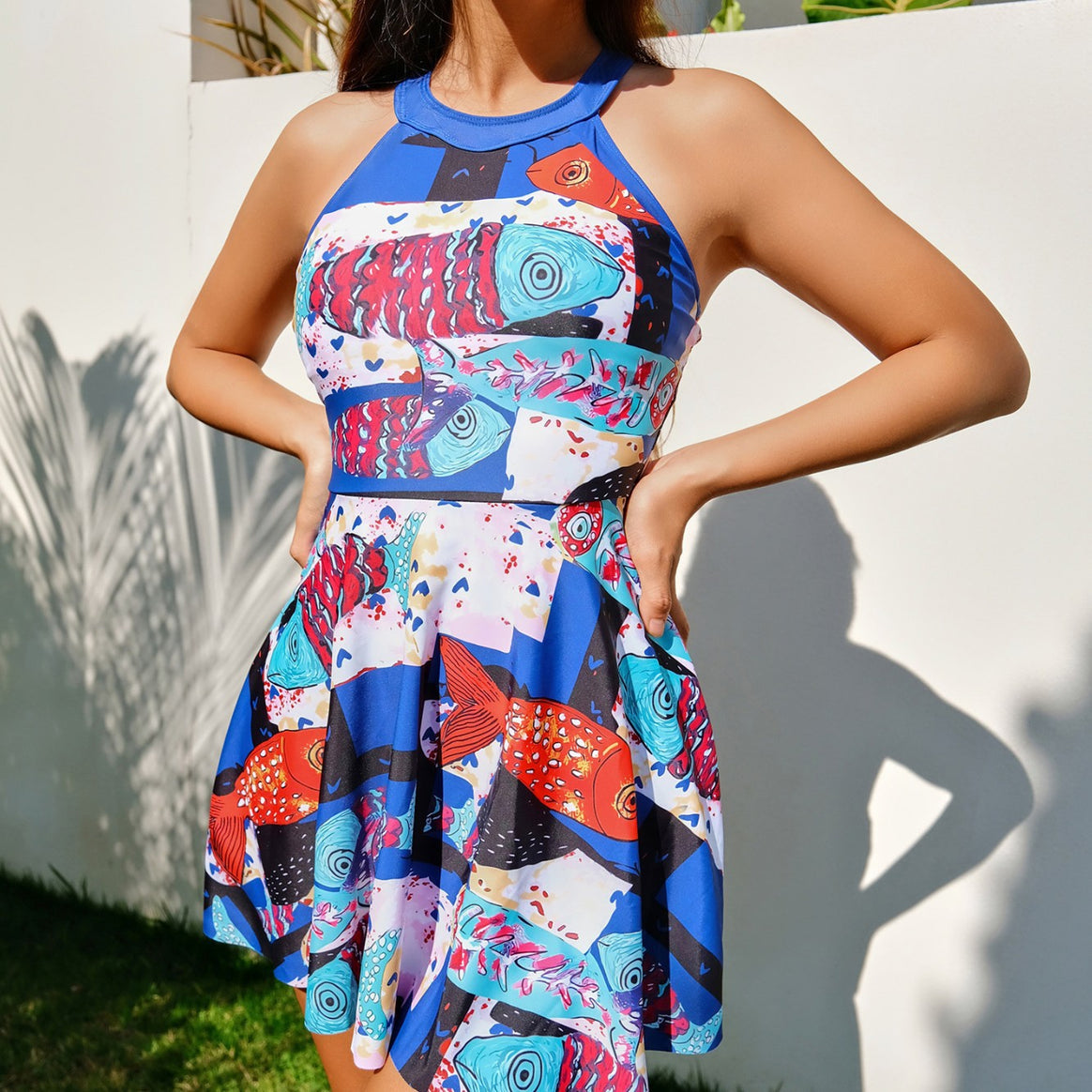 Ladies summer dress with colorful fish print and flared skirt Mune Fashion