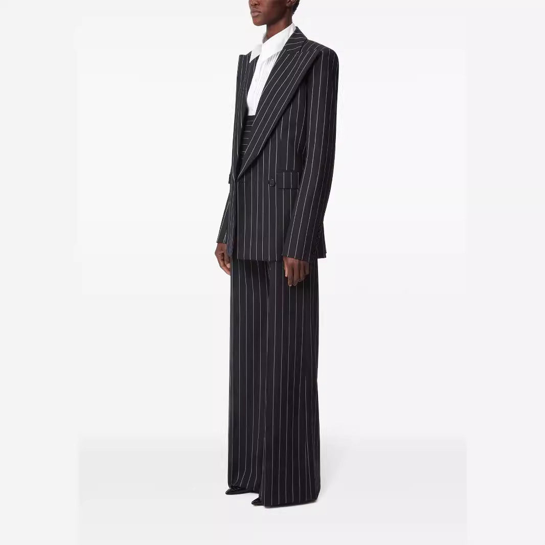 Women Oversize Pinstripe Two-Piece Tailoring Suit with Wide High-Waist Trouser Leg Mune Fashion