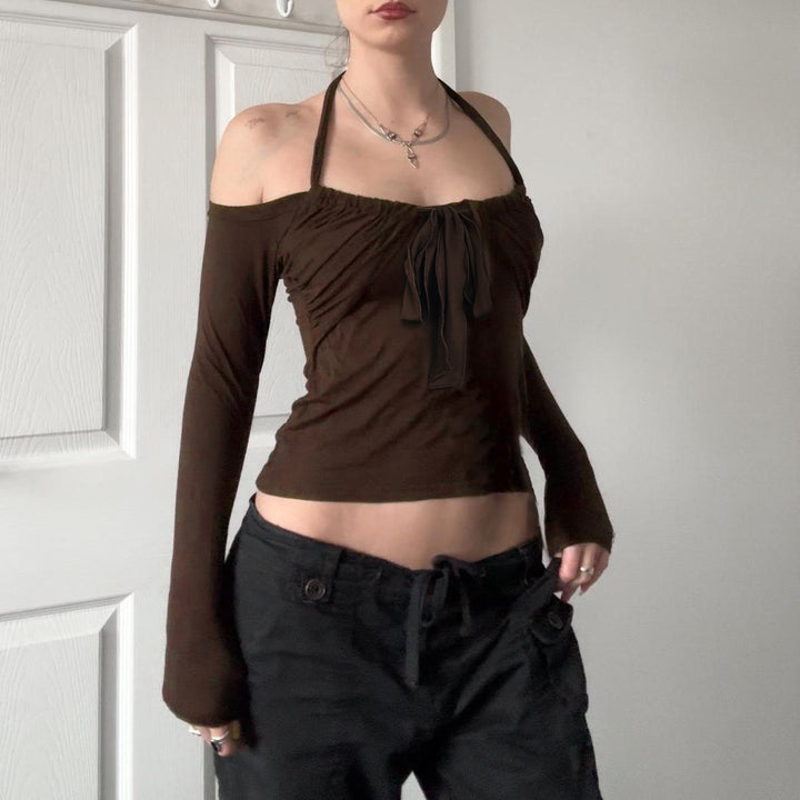 Women Short Cut Off-Shoulder Long Sleeve with Halter Neck, Bust Gathering and Binding Mune Fashion and Mune Fashion