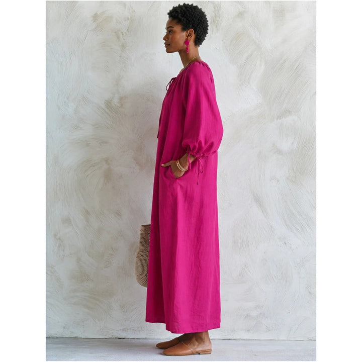 Women's Airy Linen Look Maxi Dress with Drawstring Collar, Balloon Sleeves and Pockets Mune Fashion