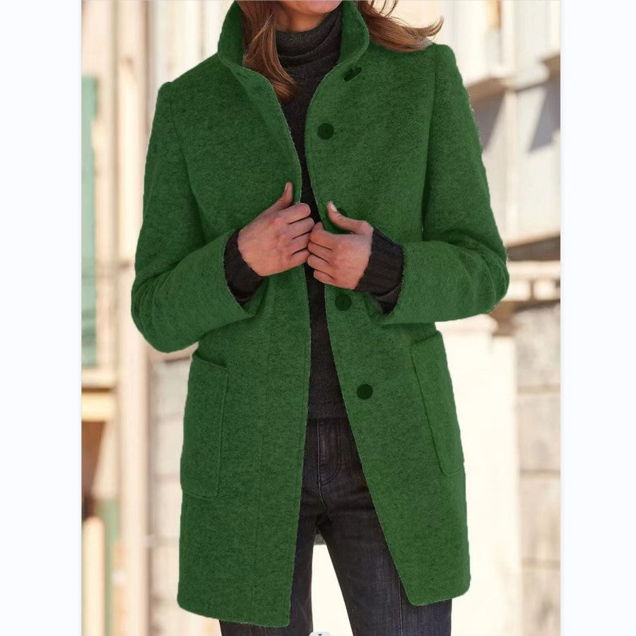 Women's Mid-Length Wool Blend Coat with Stand Collar and Patch Pockets Mune Fashion