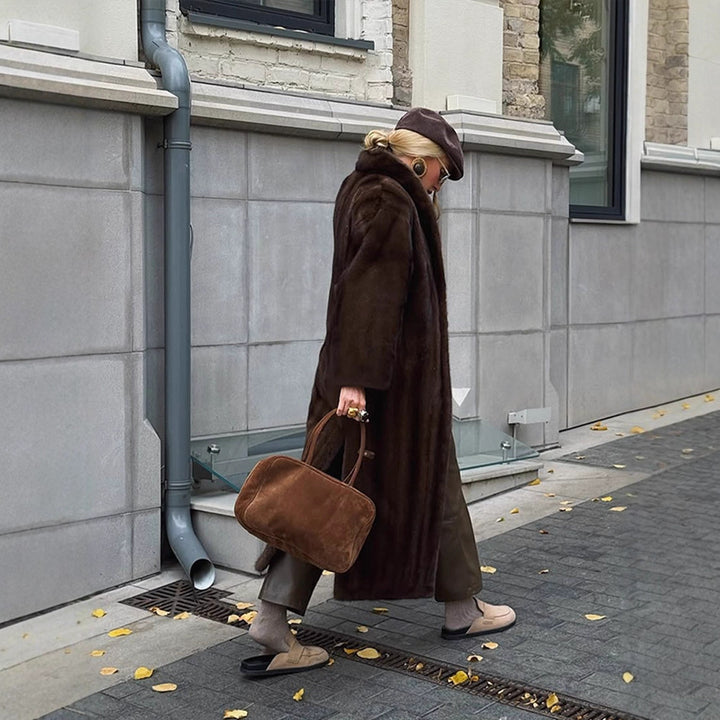 Women Long Faux Fur Coat with Stand-Up Collar and Oversized Fit Mune Fashion