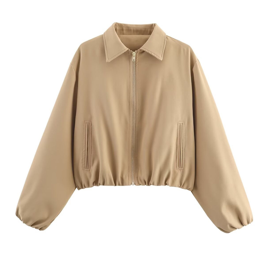 Ladies short fitted bomber jacket with shirt collar, concealed zipper and elastic hem Mune Fashion