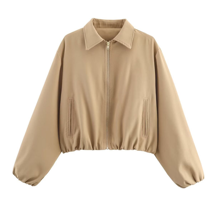 Ladies short fitted bomber jacket with shirt collar, concealed zipper and elastic hem Mune Fashion