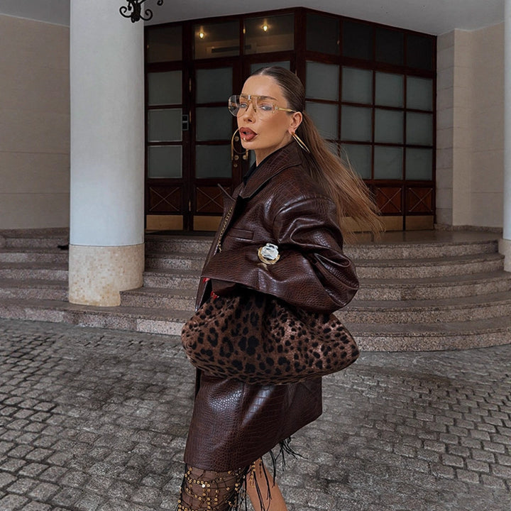 Ladies Oversized Blazer Coat in Crocodile Embossing with Shawl Collar and Tie Belt Mune Fashion