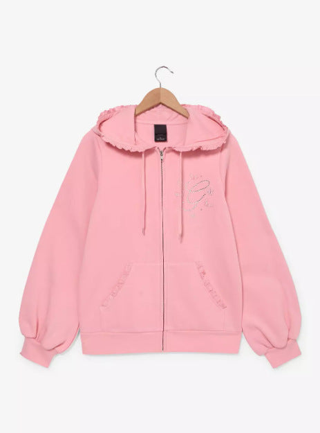 Women's Ruffled Hooded Sweat Jacket with Balloon Sleeves and Rhinestone Logo Mune Fashion