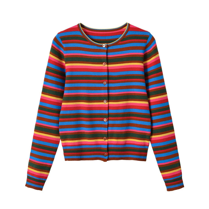 Women's finely knitted round neck cardigan with colorful stripes and mother-of-pearl buttons Mune Fashion