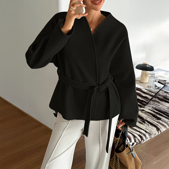 Women's tailored wool blend coat with kimono sleeves and tie belt Mune Fashion
