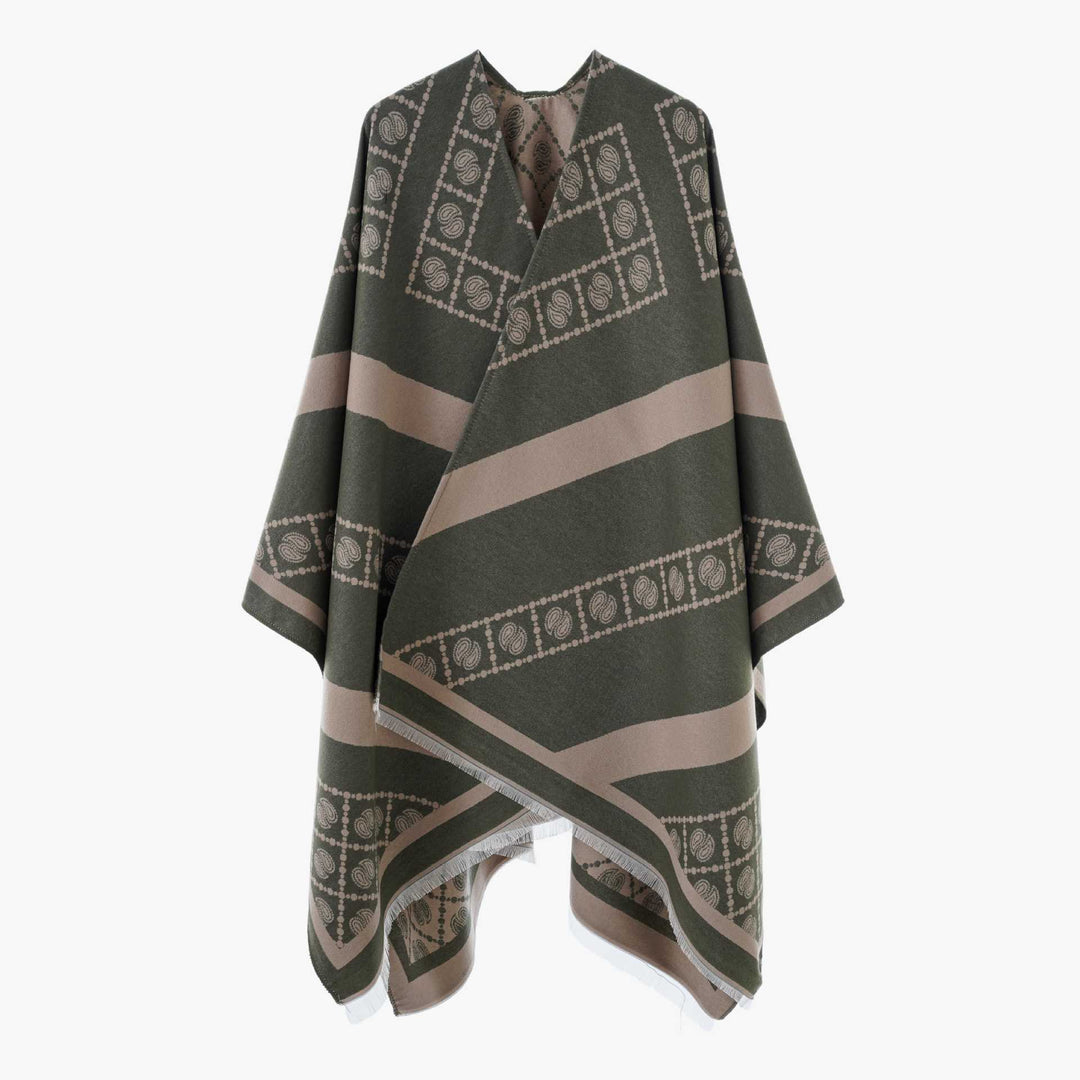 Women's jacquard cape-style wrap with paisley trim and fringes Mune Fashion