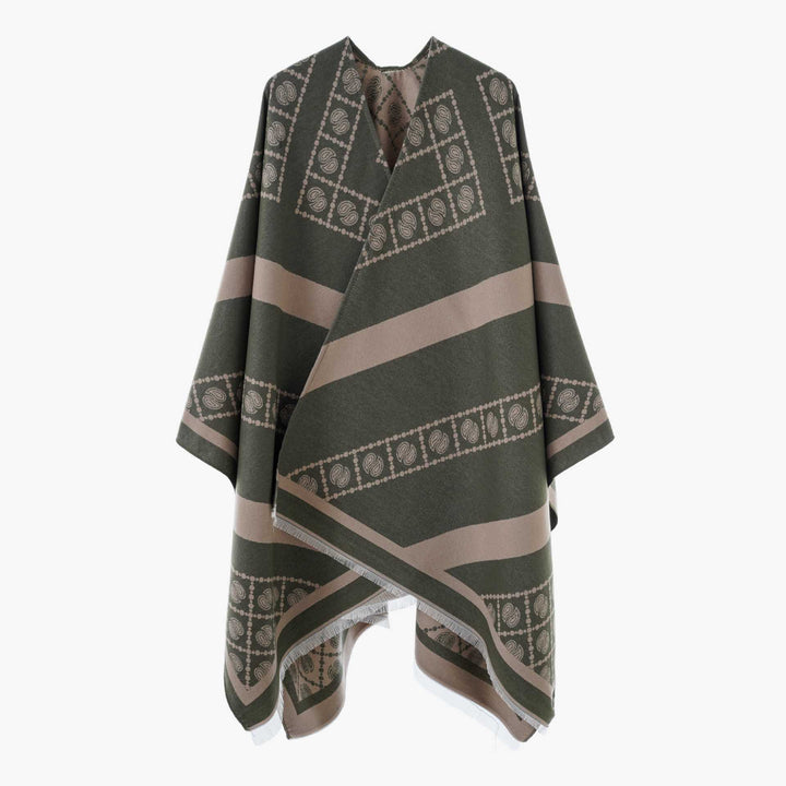 Women's jacquard cape-style wrap with paisley trim and fringes Mune Fashion