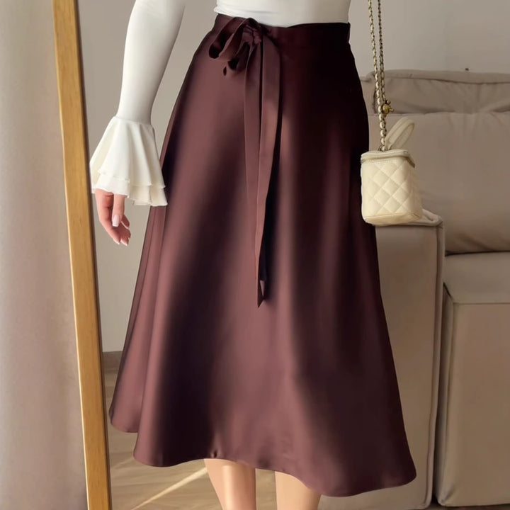 Women High-Waisted A-Line Midi Skirt with Ties and Satin Finish Mune Fashion